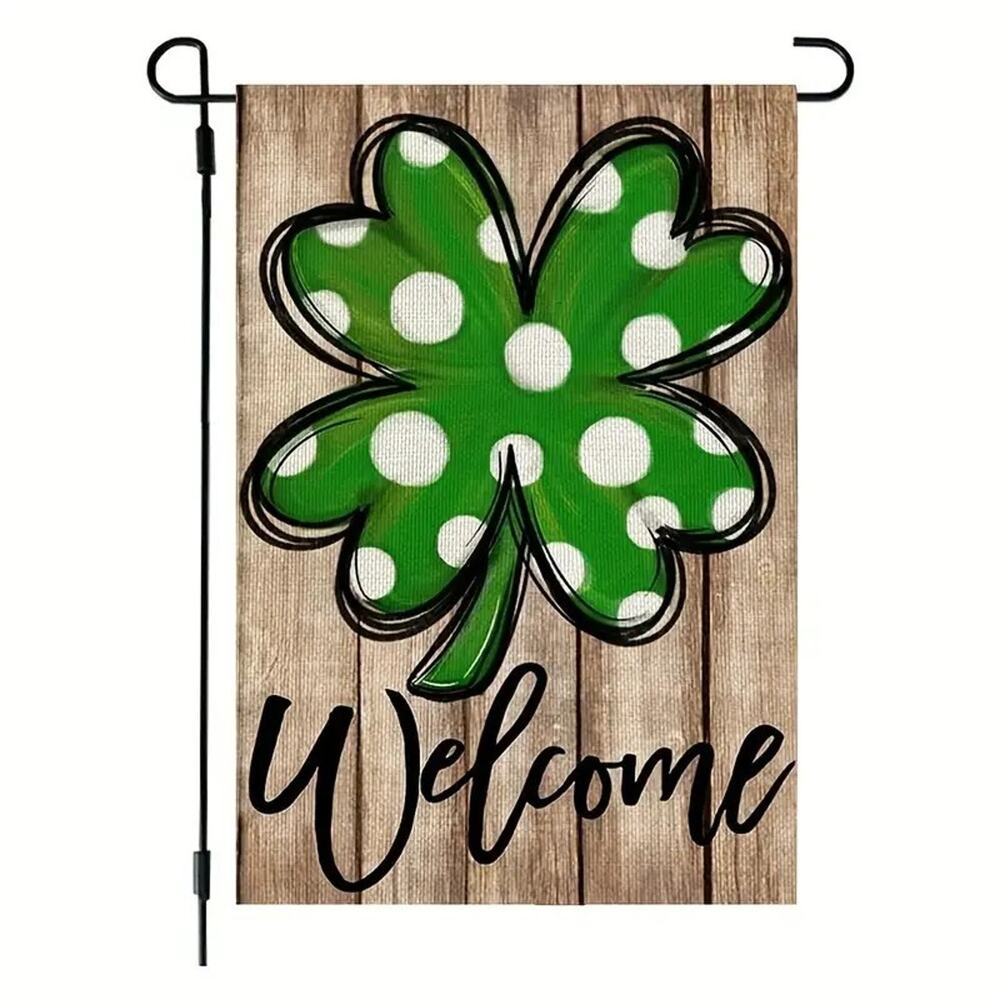 St. Patrick's Day Welcome Garden Flag 12x18 Green Polka Dot Four Leaf Clover